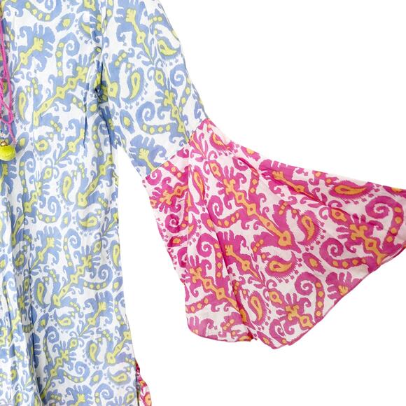 Z&L Europe Blue Pink Printed Bell Sleeve Dress Sz L - Picture 4 of 9